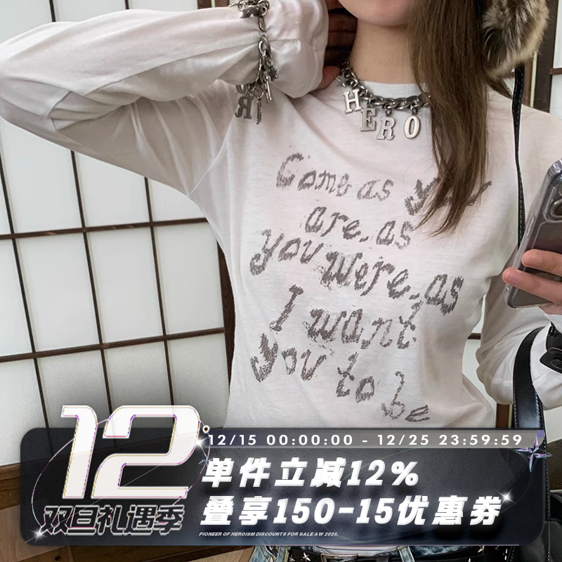 POH轻薄微透涅槃歌词印花长袖T恤