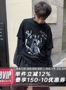 SADSOUP 德怀特底特律摇滚颓废195g假两件boxy条纹长袖T恤