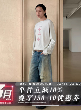 POH cortis james赵雨凡同款  泥染水洗补丁 阔弯刀廓形 牛仔裤