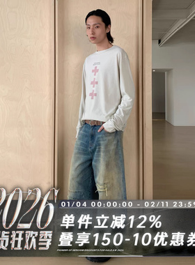 POH cortis james赵雨凡同款  泥染水洗补丁 阔弯刀廓形 牛仔裤