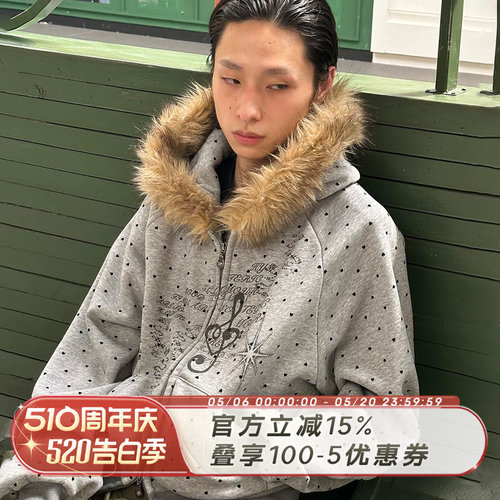 SADSOUP波点猎装毛领连帽卫衣