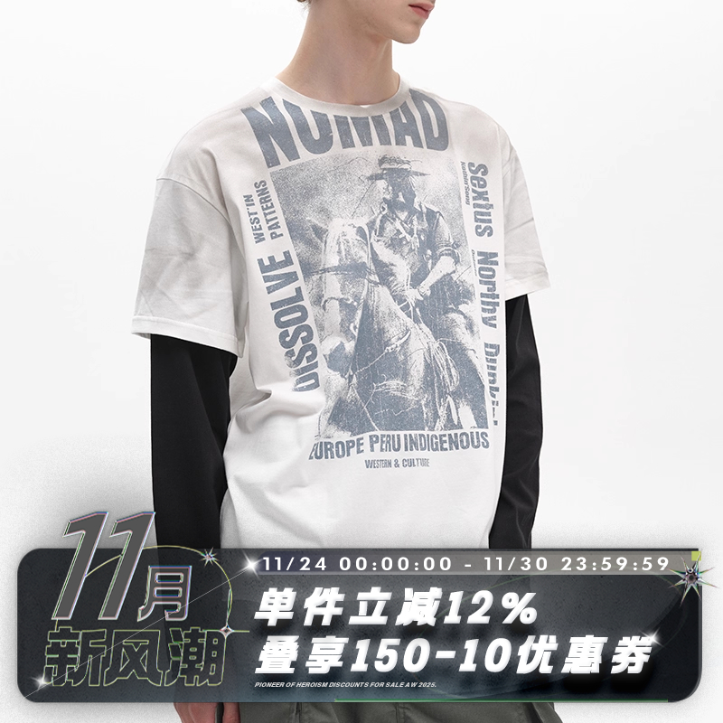 喷染做旧卷边190g假两件长袖T恤