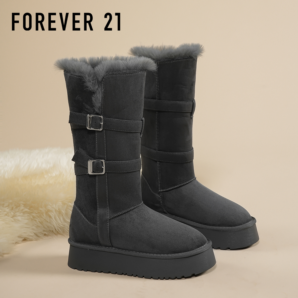 F21长筒加绒加厚雪地靴女2025