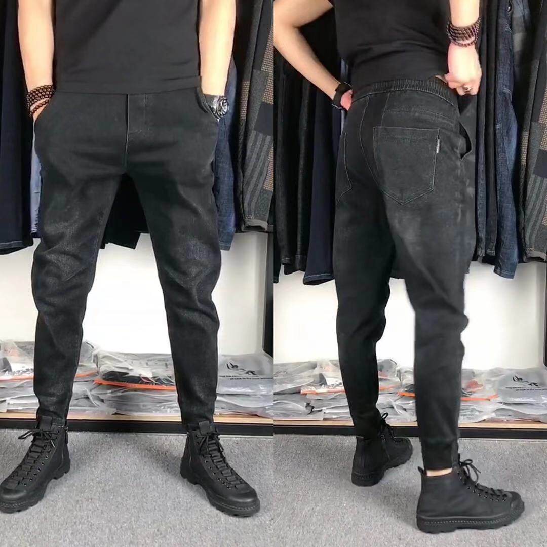 3069加绒加厚男士水洗黑牛仔松紧腰修身百搭个性小脚时尚流行裤子