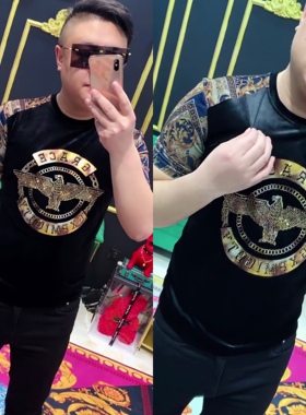 W655欧货新款潮流圆领短袖修身舒适黑拼接老鹰T血打底衫半袖百搭