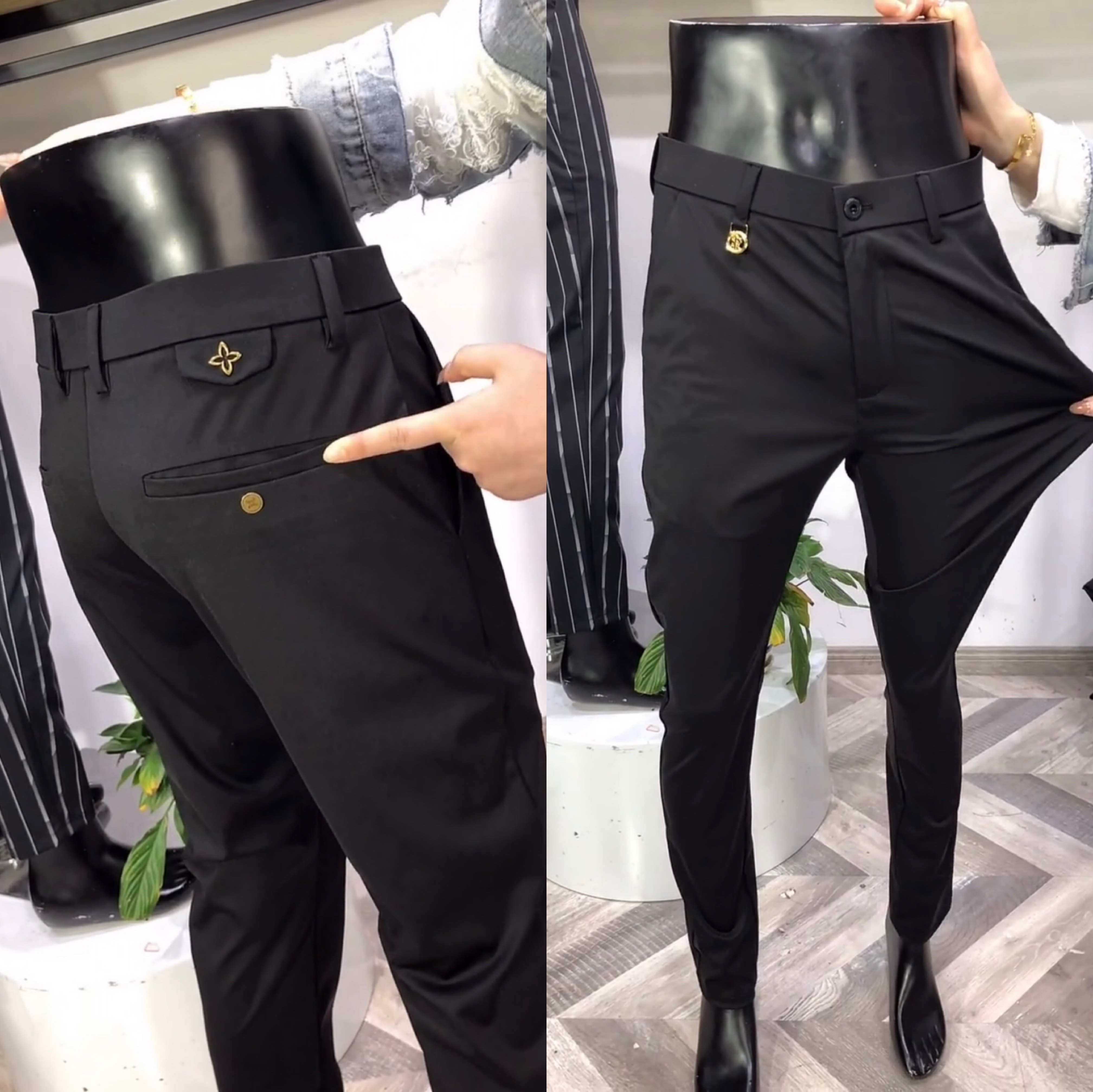 9097男士秋季韩版弹力微厚黑裤子