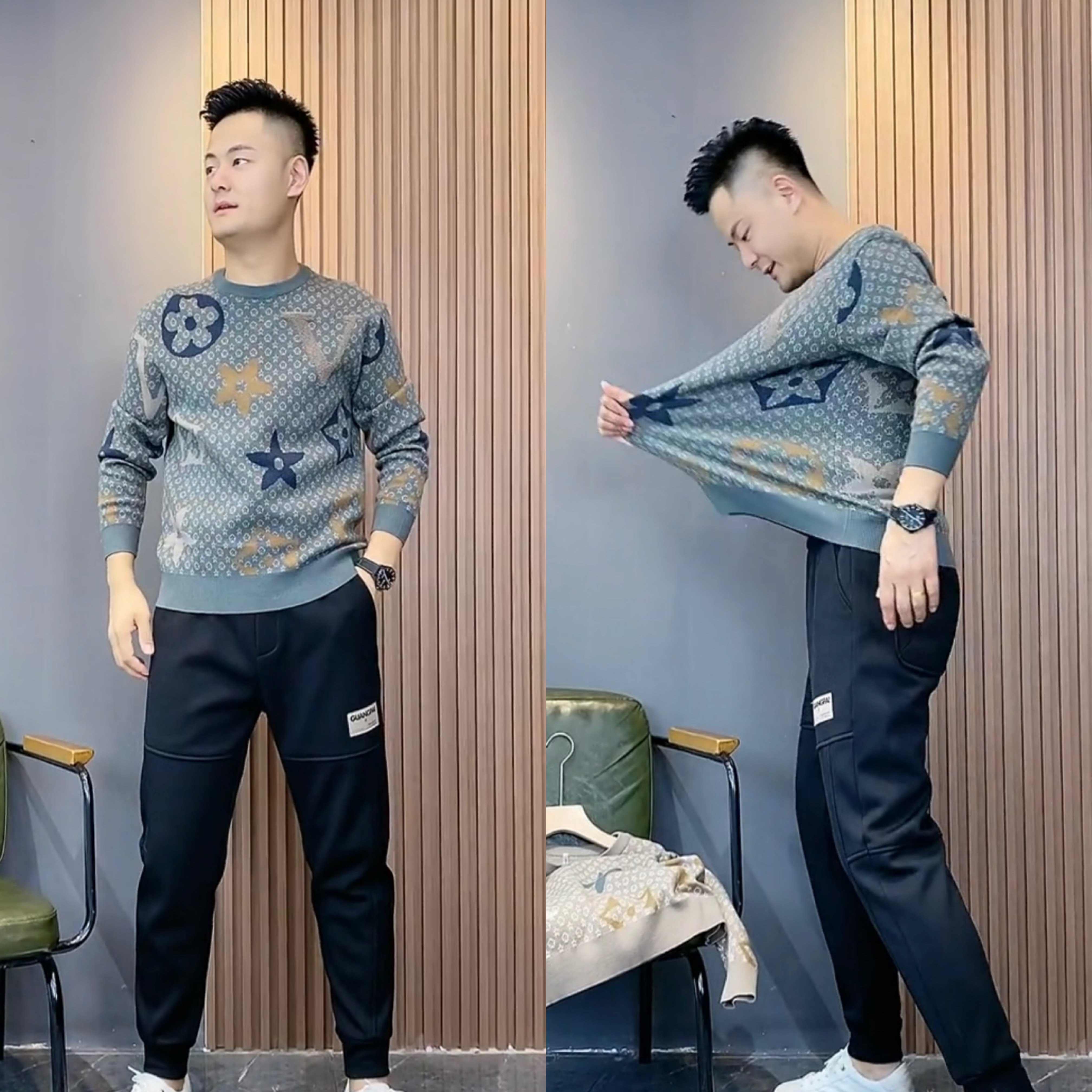 秋冬加厚男款印花长袖毛衣圆领套头针织衫冬季打底羊毛衫男内搭潮