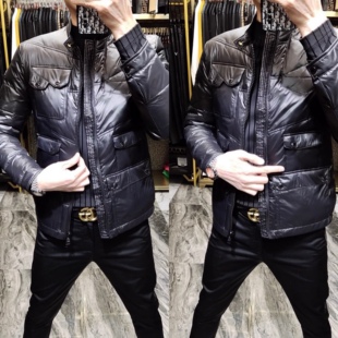 9621冬季男士立领工装多口袋修身黑色商务轻薄款羽绒棉棉服男欧货