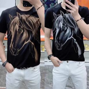 363夏季新款男士烫钻大马图案欧货半袖体恤潮流时尚短袖T恤男夏款