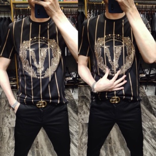 男士 凉快小衫 欧货短袖 弹力圆领T恤抖音快手新款 条纹修身 3638夏季