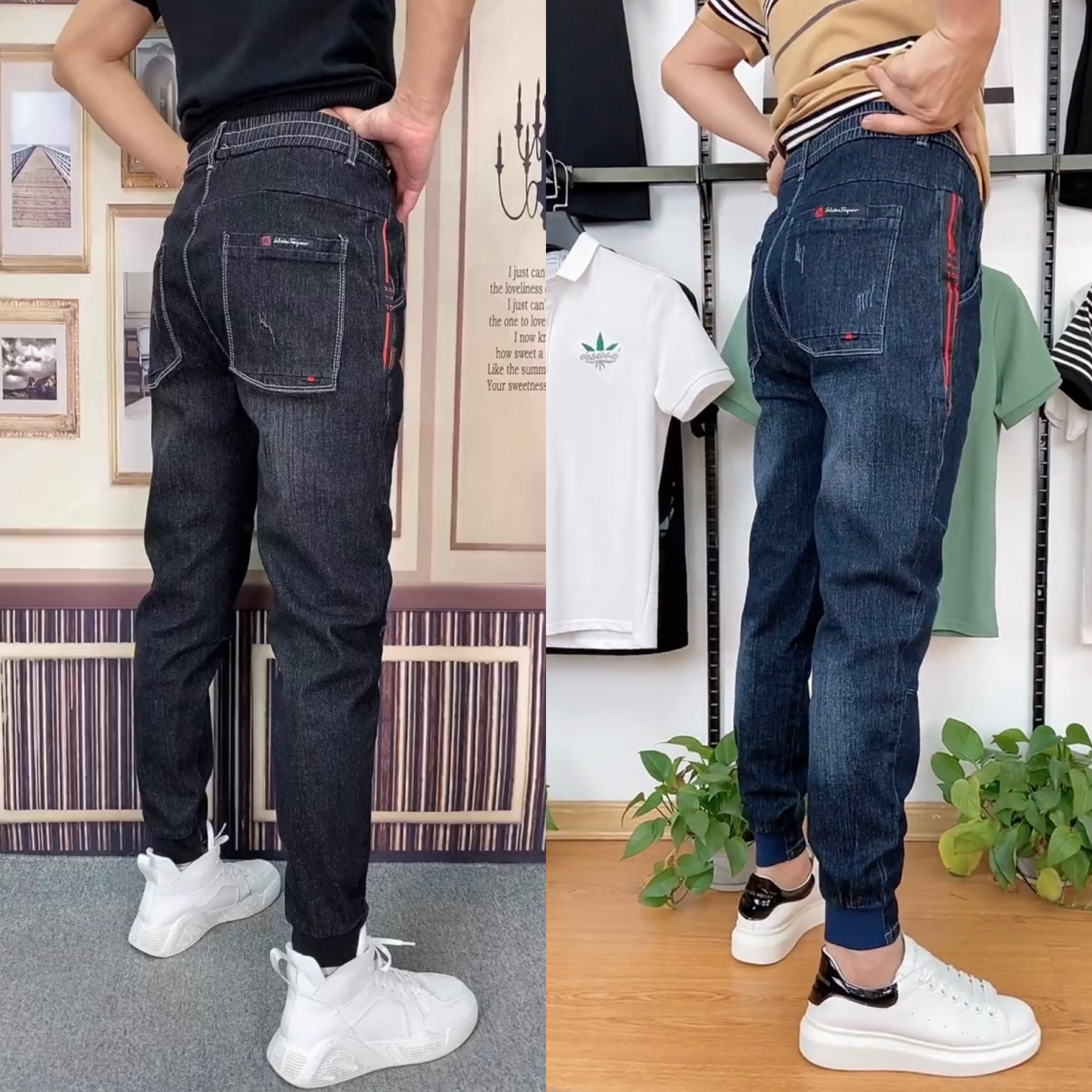 秋季小脚黑色侧面松紧腰牛仔裤