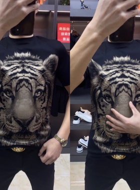 6001夏季男士老虎印花时尚潮流短袖欧货商务休闲半袖T恤显瘦半袖