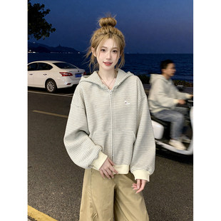 美式chic港风小众流行条纹拼接开衫连帽卫衣女秋冬慵懒风外套上衣
