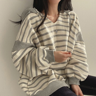 韩版潮棉V领条纹卫衣女连帽春秋冬季装休闲圆领套头薄款加绒日本
