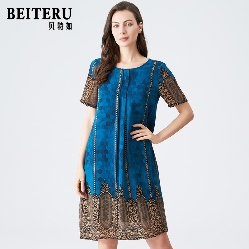 贝特如妈妈连衣裙女夏季民族风洋气印花新款雪纺宽松中长裙EL