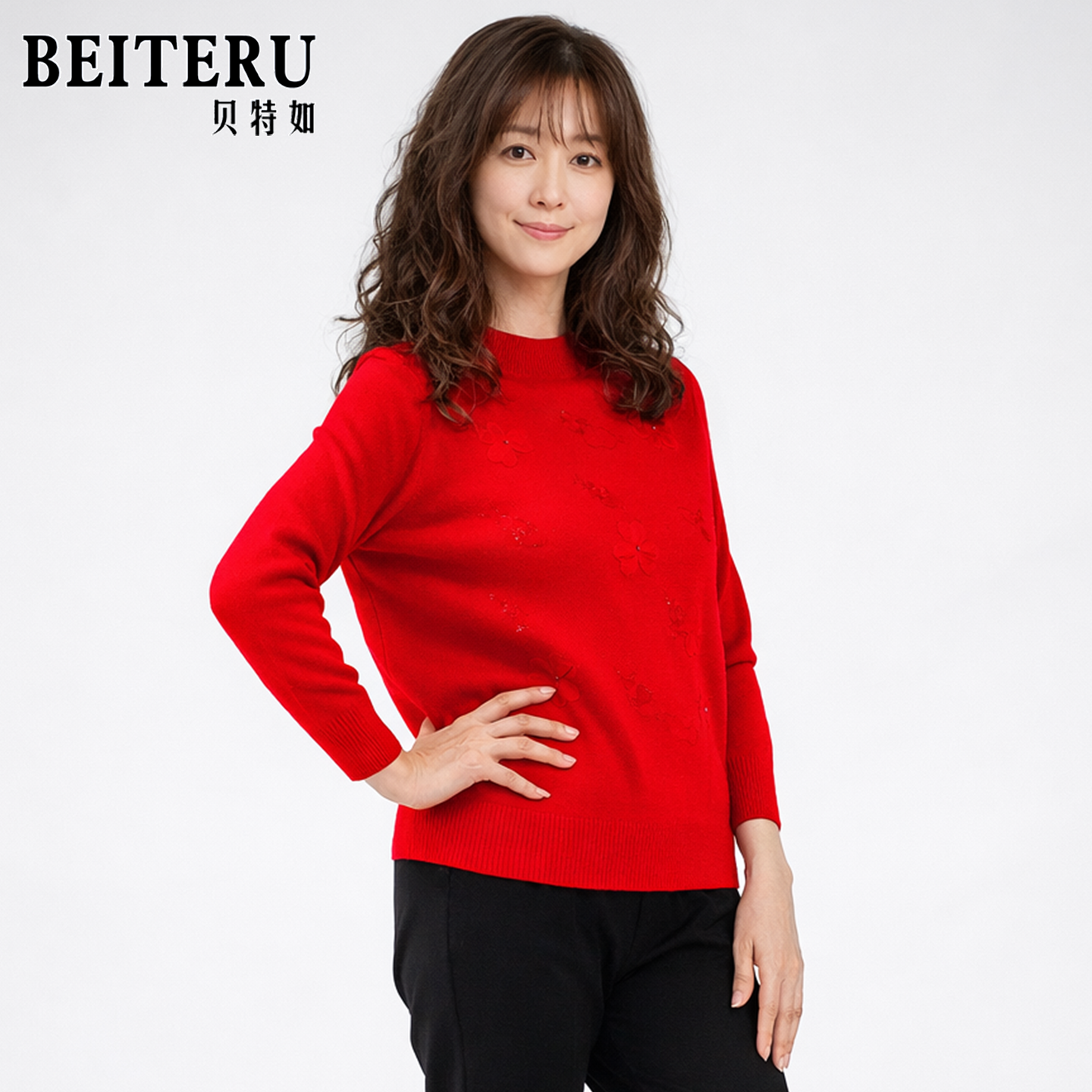 贝特如中老年女装红色喜庆妈妈装半高领毛衣保暖舒适针织衫ES