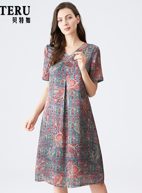 贝特如洋气妈妈连衣裙夏装新款V领短袖复古印花雪纺中长裙EL