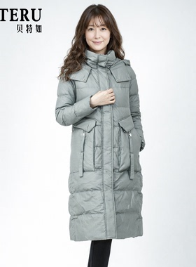 贝特如中老年女长款浅绿色羽绒服连帽加厚保暖防风显瘦冬季外套EL