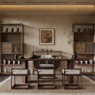 新中式白蜡木茶桌组合侘寂风干泡茶台禅意复古家用客厅茶室接待桌