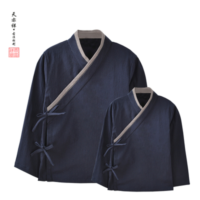 速发中国风子袖汉服男春秋开衩斜襟童子装古风飘逸亲长装棉麻撞色