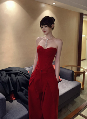 Lienni2025秋冬新款镂空百搭抹胸上衣女超飒高腰显瘦长裤立裁套装