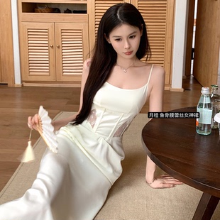 吊带连衣裙女 Lienni月挂 夏季 新款 鱼骨拼接蕾丝镂空收腰显瘦长款