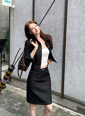 Lienni2025秋季新款长袖百搭外套女拼接收腰显瘦牛仔半身裙套装