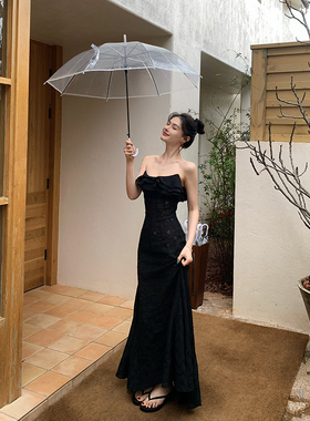 Lienni2025新款气质高腰显瘦长款透明肩带吊带鱼尾拼接连衣裙女