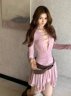 Lienni2025冬季新款气质收腰显瘦长袖拼接镂空手工串珠连衣裙女