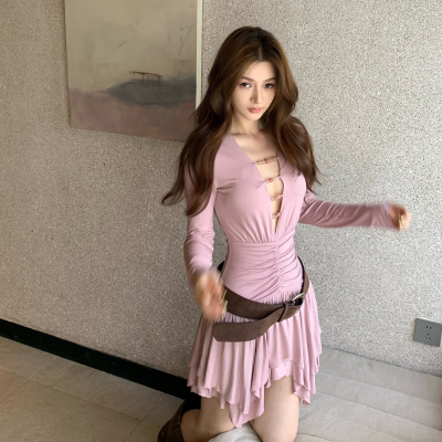 长袖拼接镂空手工串珠连衣裙女