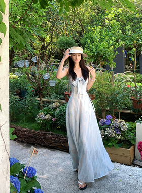 Lienni冰河世纪蝴蝶结夏季新款收腰显瘦定制天丝挂脖长款连衣裙女