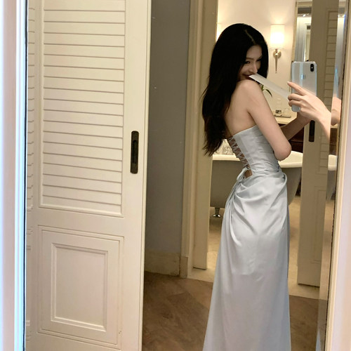 纽结鱼骨镂空抹胸连衣裙女