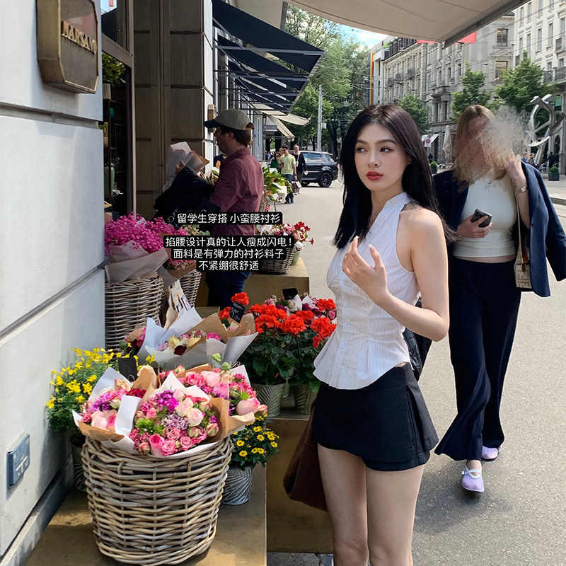 Lienni夏季新款v领系扣时髦百搭无袖收腰显瘦挂脖衬衫休闲上衣女