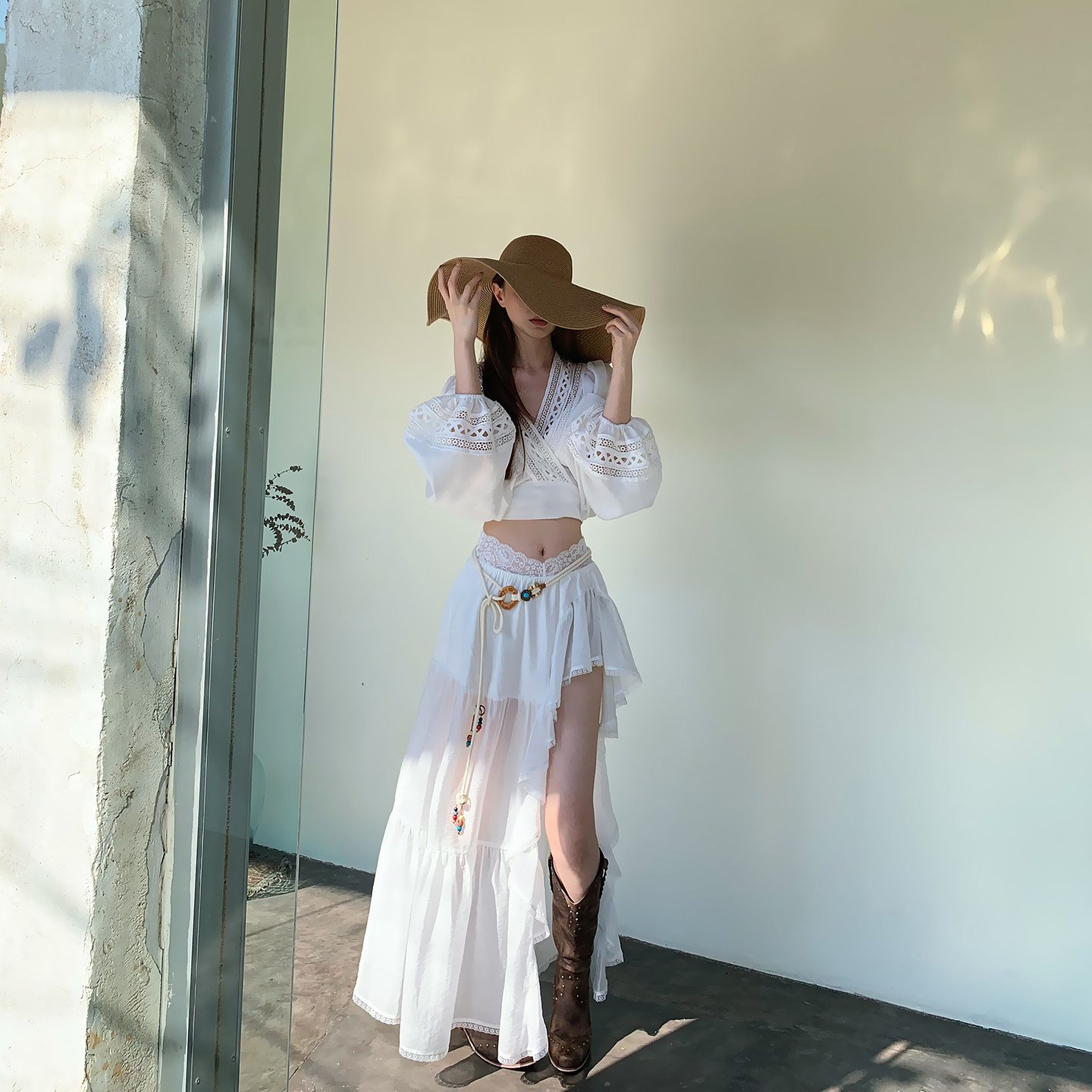 Lienni2026新款拼接蕾丝中长袖上衣女高腰显瘦水溶刺绣半身裙套装,女装/女士精品,时尚套装,淘宝优惠券,粉丝福利购,淘宝优惠卷