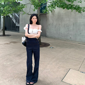 撞色斜肩背带牛仔长裤 Lienni2025夏季 版 百搭显瘦直筒经典 女 新款