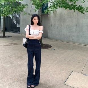 撞色斜肩背带牛仔长裤 Lienni2025夏季 版 新款 女 百搭显瘦直筒经典