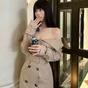 Lienni2025夏秋新款 一字肩翻领风衣女 气质时髦百搭收腰显瘦长袖