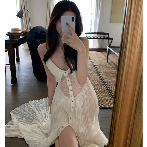 拼接蕾丝压褶长款吊带连衣裙女