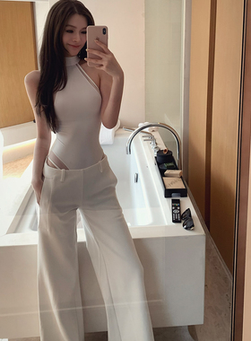 Lienni2025冬季新款修身显瘦镂空挖肩上衣女中高腰百搭阔腿裤套装