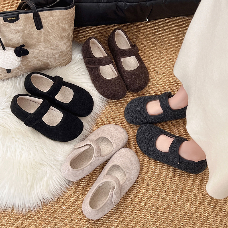 韩版复古2025秋冬新款一字带加绒玛丽珍懒人一脚蹬勃肯鞋毛毛棉鞋
