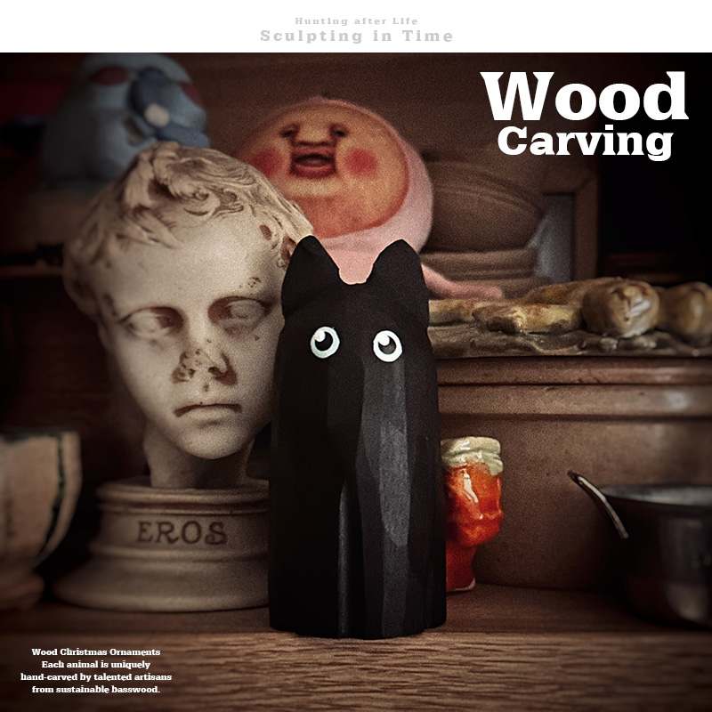 正版出口定制木雕 深渊凝视的猫咪 黑猫精灵手办大师手工雕刻实木