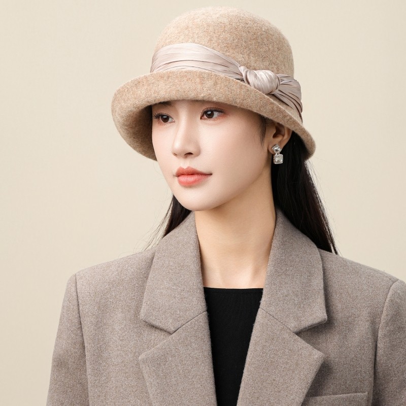 法式小卷边复古羊毛呢礼帽子女俏皮卷边盆帽秋冬毡帽渔夫帽毛毡帽