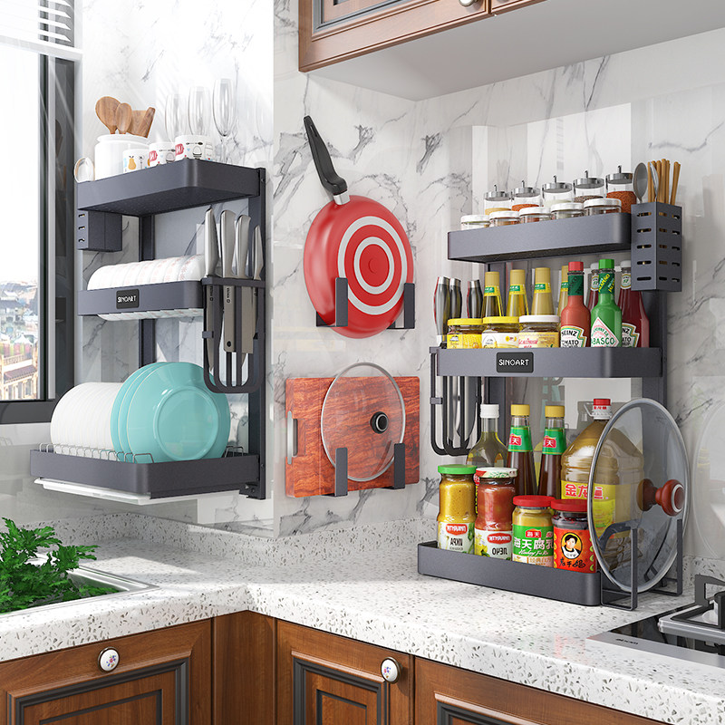 太空铝调料架壁挂式厨房收纳置物架免打孔上墙转角调味品架子双层