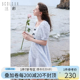 蓝色蝴蝶结方领收腰娃娃裙泡泡袖 三彩2022夏季 新款 连衣裙短裙高腰