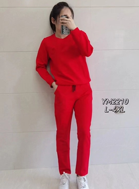 女秋季时尚红色运动套圆领长袖长裤高端喜庆套装网红加肥加大码女
