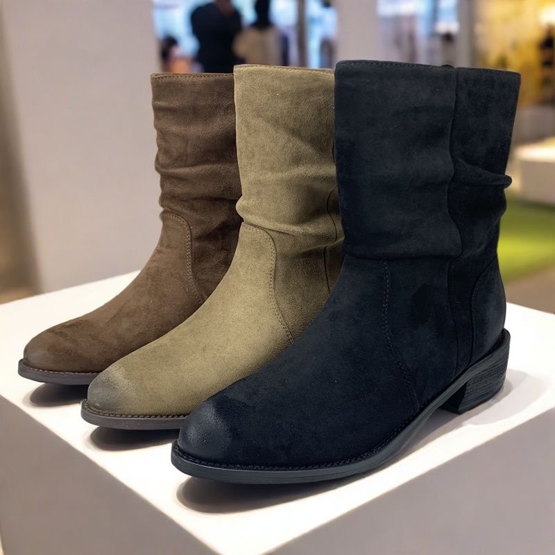 尖头粗跟堆堆靴2024秋冬新款加绒显瘦时装靴羊绒面短筒西部牛仔靴