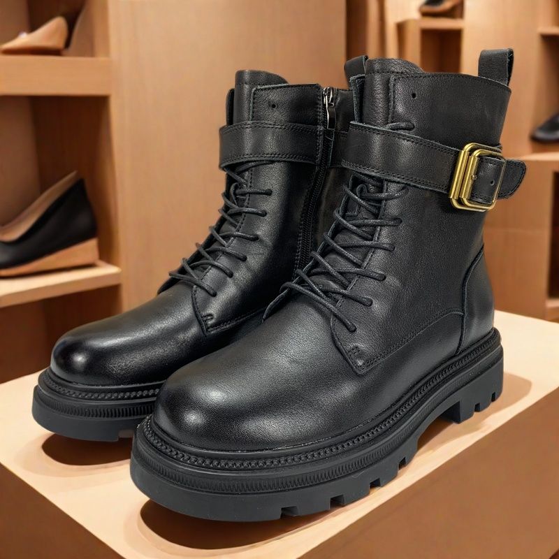 欧洲站头层牛皮马丁靴女短筒秋冬款厚底显高时尚瘦瘦靴英伦机车靴