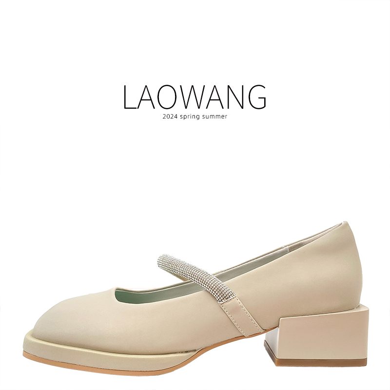 月芽儿专柜真皮玛丽珍女鞋2024春夏新款粗跟中跟方头英伦风小皮鞋