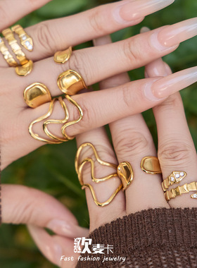 简约个性环保不锈钢材质戒指组合PVD镀真金保色欧美跨境潮流饰品