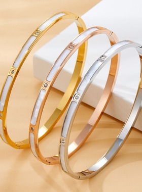 欧美跨境新款ins风简约白贝镶钻不锈钢手镯女钛钢不掉色女小众